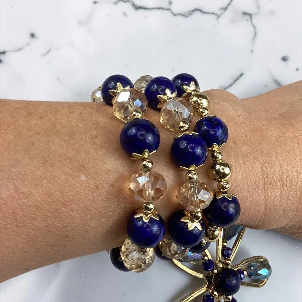 Handmade Mexican 3 Stretch Bracelets Lapis Lazuli Crystal Gold Flower Charm Blue